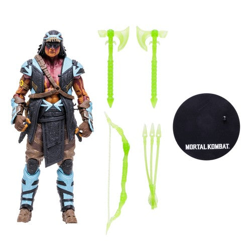 Mythic Toys & Gaming Mortal Kombat action figure with dual axes, bow, and arrows in vibrant green