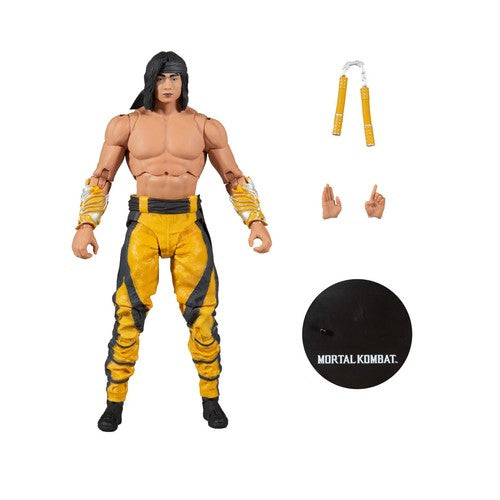 Mortal Kombat action figure with yellow outfit, nunchaku, extra hands, and display base from Mythic Toys & Gaming