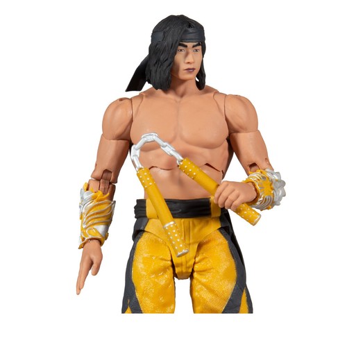Mortal Kombat Liu Kang action figure with nunchaku in a dynamic pose showcasing detailed features