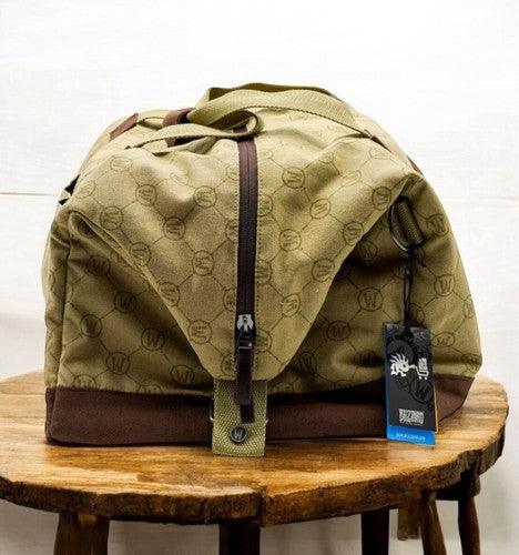 Brown and olive green duffel bag with logo print and durable zipper closure from My Store